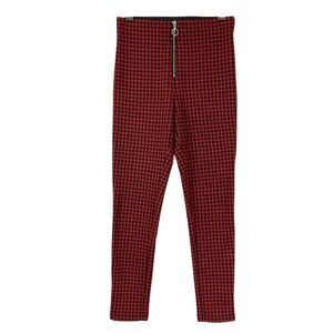 Zara Basic Red Gingham Check High Waist Leggings Exposed Ring Zipper Size Small